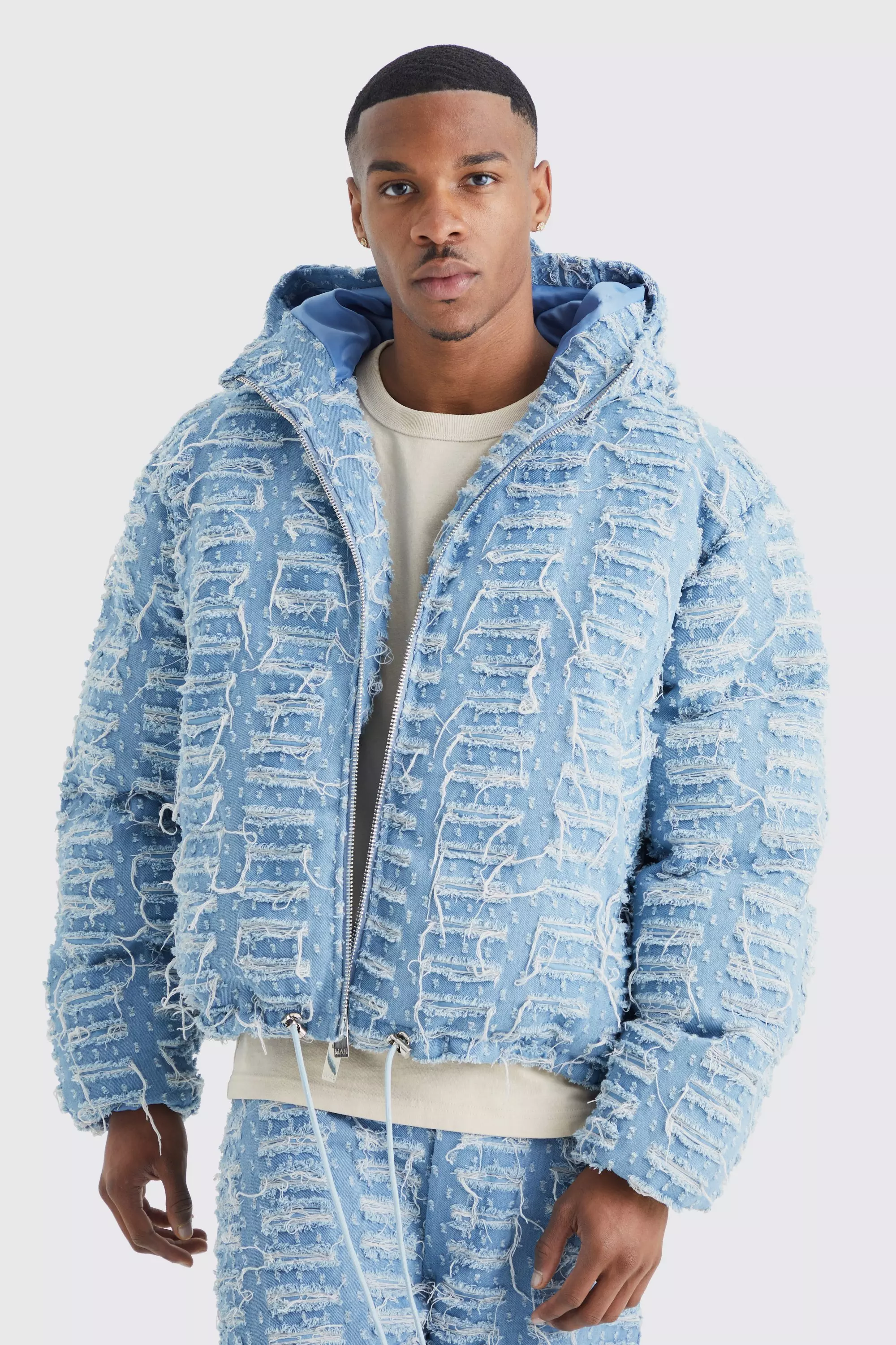 Boxy Fit Distressed Denim Puffer With Hood | boohooMAN USA